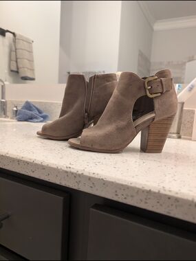 Taupe Suede Open-Toe Ankle Booties with Buckle